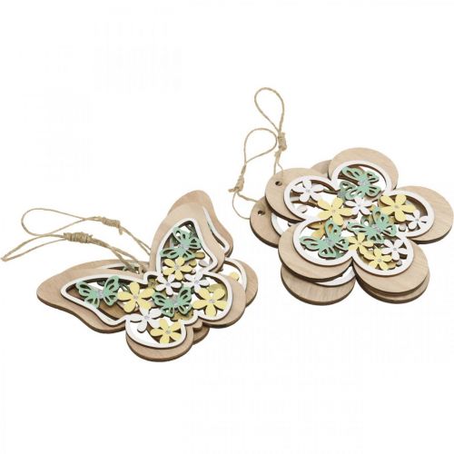 Artikel Vlinder om op te hangen, houten hanger bloem, lentedecoratie met glitter H11/14,5cm 4st