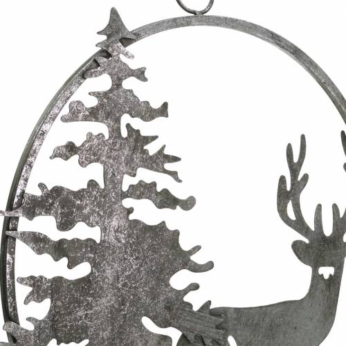 Floristik24 Decoratie ring rendier en dennenboom antiek look zilver Ø30cm Om op te hangen
