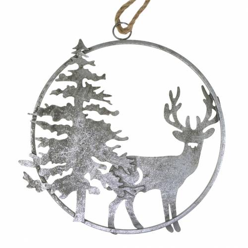 Floristik24 Decoratie ring rendier en dennenboom antiek look zilver Ø30cm Om op te hangen