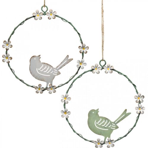 Floristik24 Krans met vogel, metalen decoratie om op te hangen, lente wit/groen Ø14.5cm set van 2