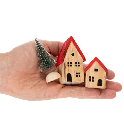 Houten decoratieve huisjesset met rode daken en sparren, 12 cm, 6 stuks | Floristik24.nl