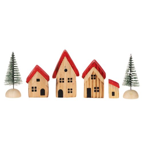 Houten decoratieve huisjesset met rode daken en sparren, 12 cm, 6 stuks | Floristik24.nl