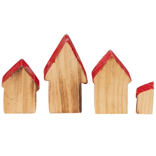 Houten decoratieve huisjesset met rode daken en sparren, 12 cm, 6 stuks | Floristik24.nl