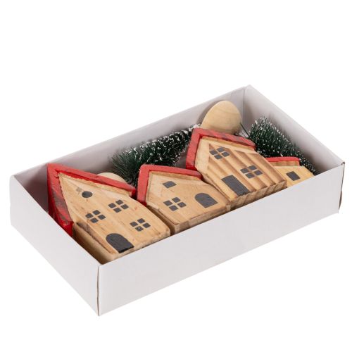 Houten decoratieve huisjesset met rode daken en sparren, 12 cm, 6 stuks | Floristik24.nl