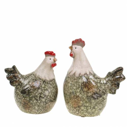 Floristik24 Decoratiefiguren kip en haan grijs, wit, rood 10,2cm x 7cm H12,7cm 2st