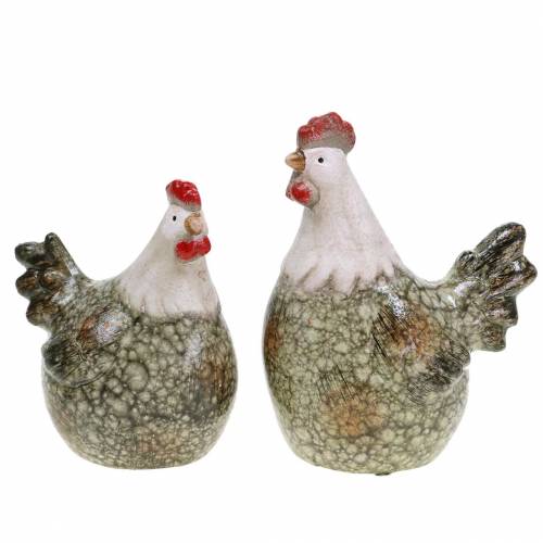 Floristik24 Decoratiefiguren kip en haan grijs, wit, rood 10,2cm x 7cm H12,7cm 2st