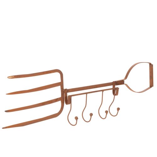 Roestige metalen haakrail, decoratieve hooivork, tuindecoratie, 4 haken, 62 cm
