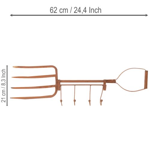 Roestige metalen haakrail, decoratieve hooivork, tuindecoratie, 4 haken, 62 cm | Floristik24.nl