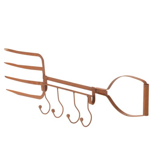 Roestige metalen haakrail, decoratieve hooivork, tuindecoratie, 4 haken, 62 cm | Floristik24.nl