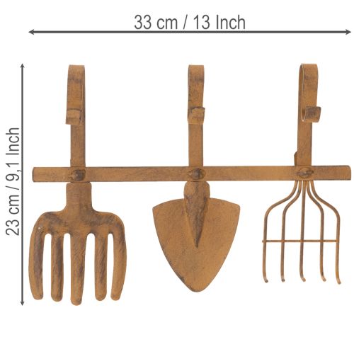 Haakrail voor tuingereedschap, tuindecoraties, hark, spade en schoffel; metalen kapstok van roestig metaal, L33,5cm | Floristik24.nl