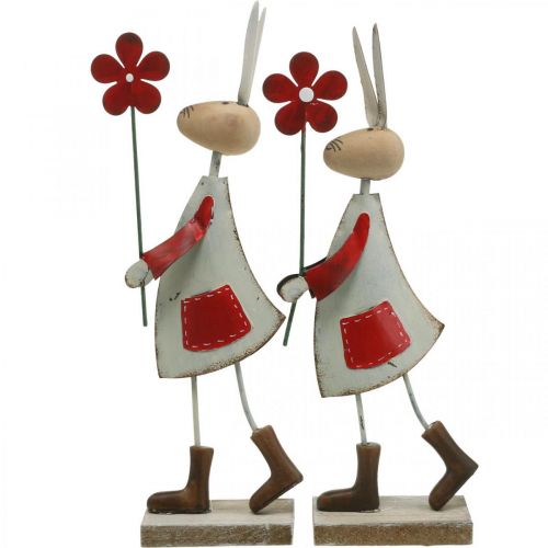 Artikel Paasdecoratie, konijn van metaal, lentedecoratie, paashaas met bloem rood, beige H21cm 2st