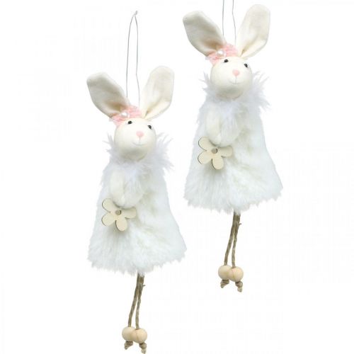 Floristik24 Paashaas om op te hangen, paasdecoratie, lentehanger, paashaas met bloem wit, naturel H21cm 6st