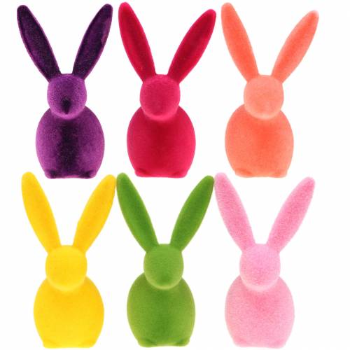 Artikel Bunny flocked kleurig H13cm assorti 6 stuks