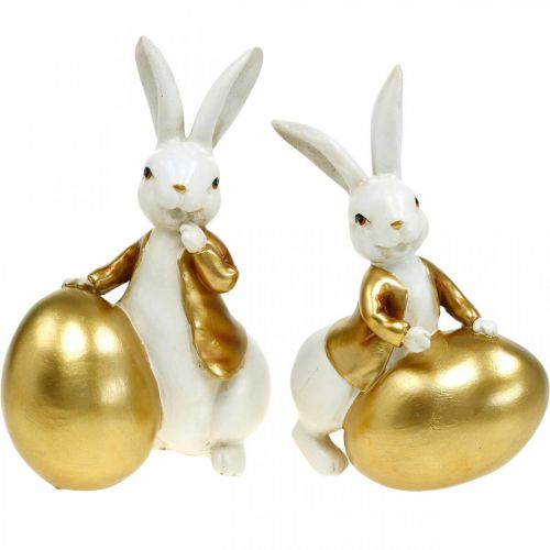Floristik24 Paashaas wit-goud, Paasdecoratie, decoratief konijn met ei H16/18cm set van 2