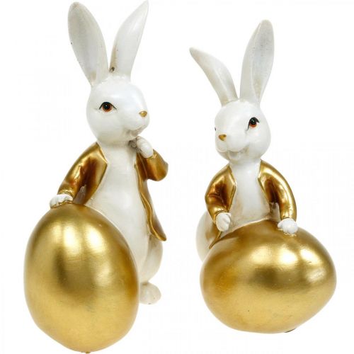 Floristik24 Paashaas wit-goud, Paasdecoratie, decoratief konijn met ei H16/18cm set van 2