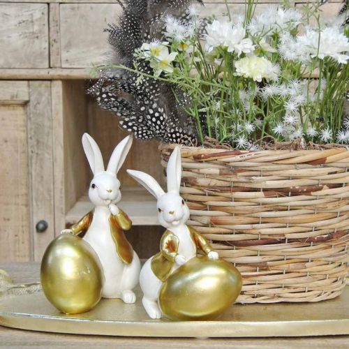 Floristik24 Paashaas wit-goud, Paasdecoratie, decoratief konijn met ei H16/18cm set van 2