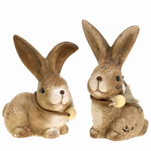 Decoratieve figuren konijnen met veer en houten parelbruin assorti 7cm x 4,9cm H 10cm 2st