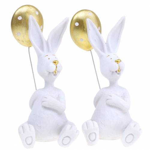Floristik24 Konijntje met ballon zittend wit, goud H13.5cm 2st