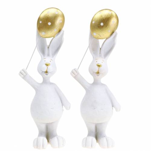 Floristik24 Paashaas met ballon staand wit goud H18cm 2st