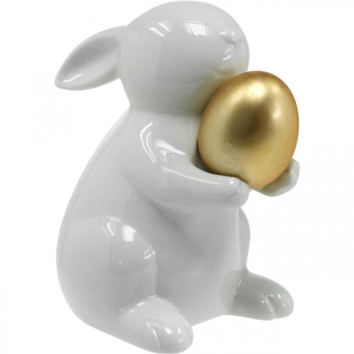 Konijn met gouden ei keramiek, Paasdecoratie elegant wit, goud H15cm