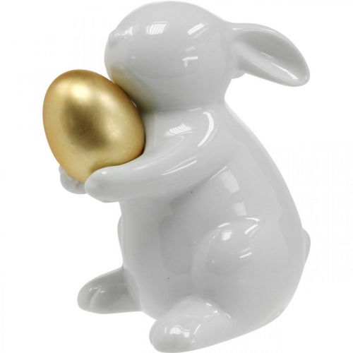 Floristik24 Konijn met gouden ei keramiek, Paasdecoratie elegant wit, goud H15cm