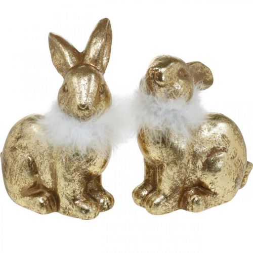 Artikel Gouden konijn zittend goudkleurig terracotta met veren H20cm 2st