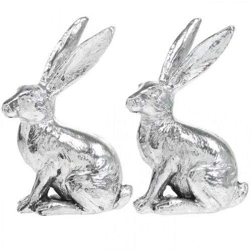 Artikel Paashaas zittend zilveren konijn decoratief figuur Pasen 13cm 2st