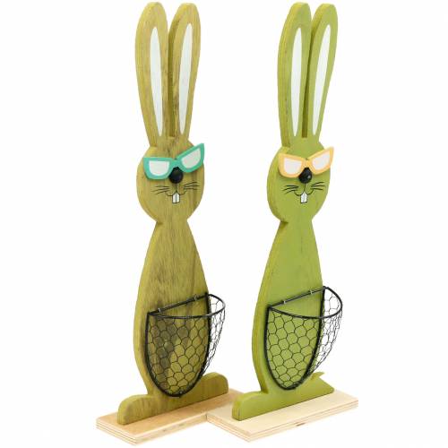 Floristik24 Paashazen met mand groen, lente, decoratieve plantmand, paasdecoratie houten konijn 2st