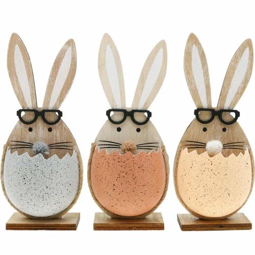 Floristik24 Houten konijn in een ei, lentedecoratie, konijnen met bril, paashazen 3st