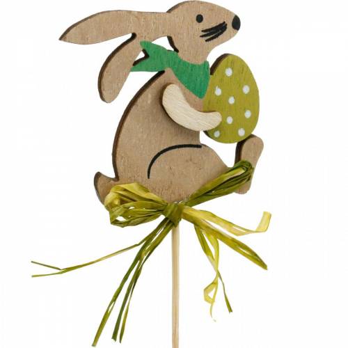 Konijn met paasei op een stokje, paashaas bloemenplug, houten paasdecoratie, decoratieve plug, bloemdecoratie 12st