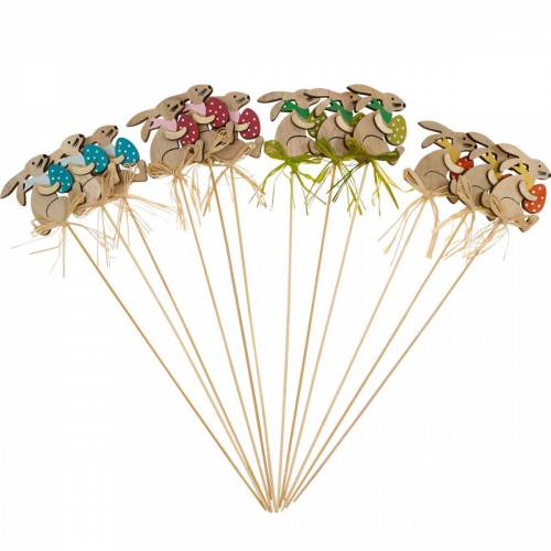 Konijn met paasei op een stokje, paashaas bloemenplug, houten paasdecoratie, decoratieve plug, bloemdecoratie 12st