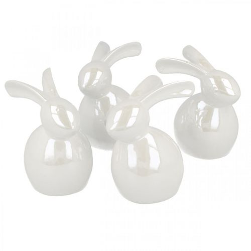 Floristik24 Decoratief konijntje, paasdecoratie, keramiek paashaas wit, parelmoer H9.5cm 4st