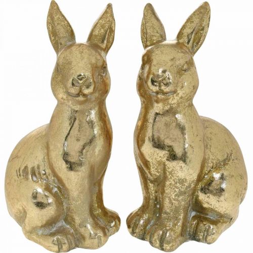 Decoratief konijntje goud zittend, konijntje om te versieren, paar paashazen, H16.5cm 2st