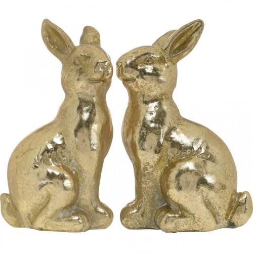 Artikel Decoratief konijn goud zittend, konijn om te versieren, paar paashazen, H16.5cm 2st