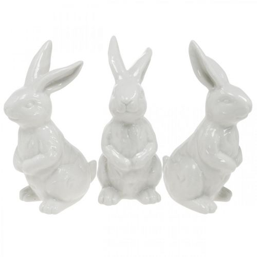Floristik24 Keramiek konijn zittend witte paashaas paasdecoratie H14.5cm 3st