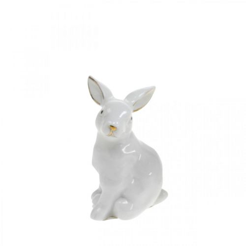 Artikel Wit keramiek konijn, paasdecoratie met gouden decoratie, lentedecoratie H7.5cm