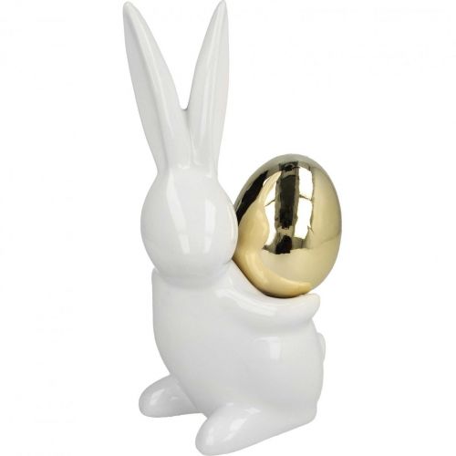 Floristik24 Paashazen elegant, keramische konijntjes met gouden ei, paasdecoratie wit, goudkleurig H18cm 2st