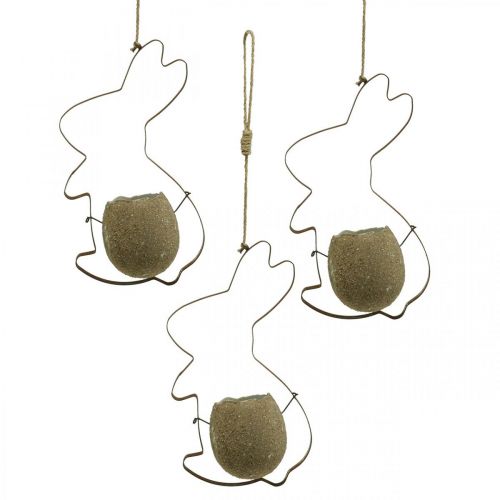 Floristik24 Konijnendecoratie om op te hangen, metalen konijn met ei, eierschaal voor opplant patina 3 stuks