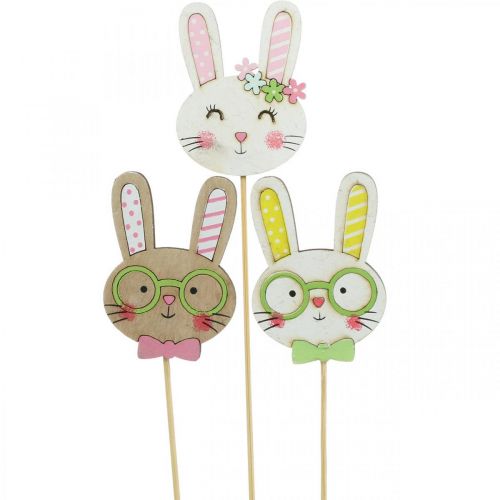 Floristik24 Grappige paashaas decoratie konijnenkop op stok bloemdecoratie 7cm 12 st