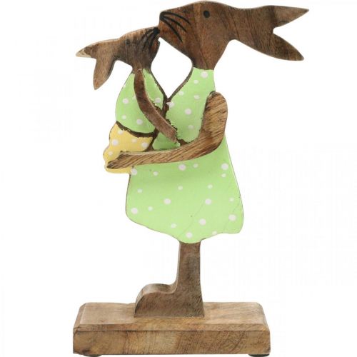 Artikel Konijn moeder met kind, paasdecoratie, lente, paashaas van hout, naturel, groen, geel H22cm