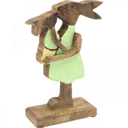 Konijn moeder met kind, paasdecoratie, lente, paashaas van hout, naturel, groen, geel H22cm
