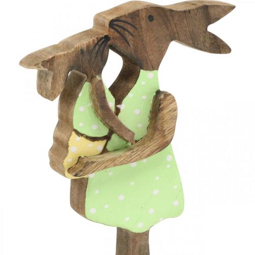 Artikel Konijn moeder met kind, paasdecoratie, lente, paashaas van hout, naturel, groen, geel H22cm