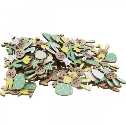 Floristik24 Paasstrooidecoratie, konijntjes met ei, bloem en wortel, paashaas, strooistukken met lijmpunt H5cm 48 stuks
