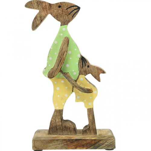 Artikel Paashaas met kind, lentedecoratie gemaakt van hout, konijn vader, paasnatuur, groen, geel H22cm