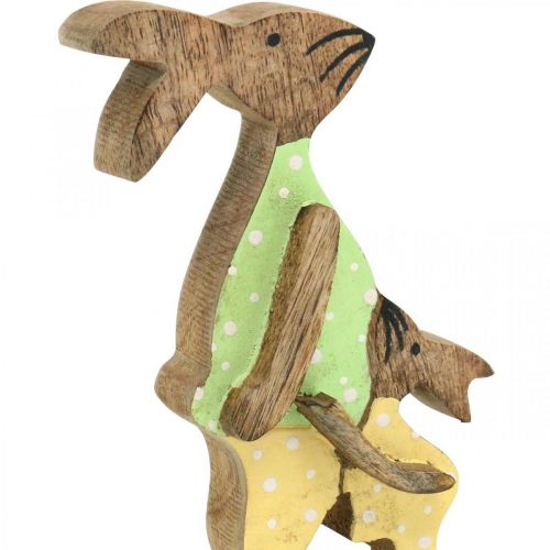 Artikel Paashaas met kind, lentedecoratie gemaakt van hout, konijn vader, paasnatuur, groen, geel H22cm