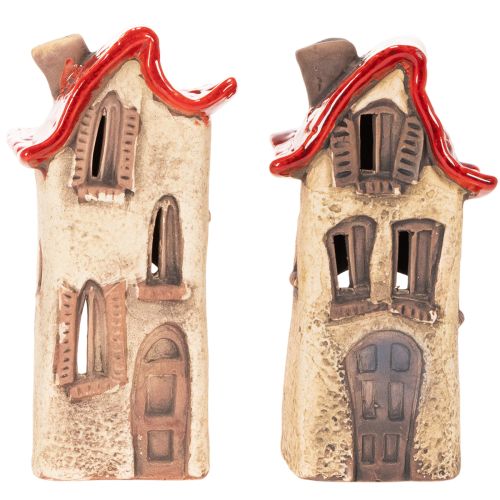 Keramische huisdecoratie met rood dak, verlicht huisje, 15 cm, 2 stuks | Floristik24.nl