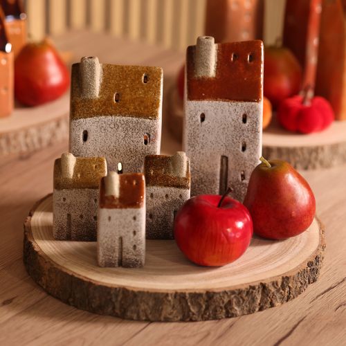 Artikel Keramische huisdecoratie met schoorsteen, theelichthuisje, herfst en winter, 13 cm, 2 stuks