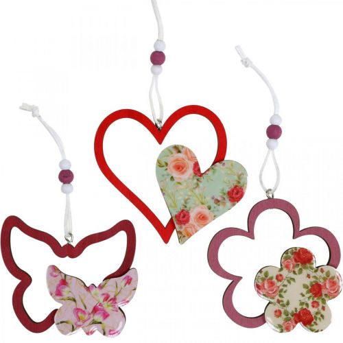 Artikel Lente hanger, vlinder hart bloem, houten decoratie met bloemenpatroon H8.5/9/7.5cm 6st