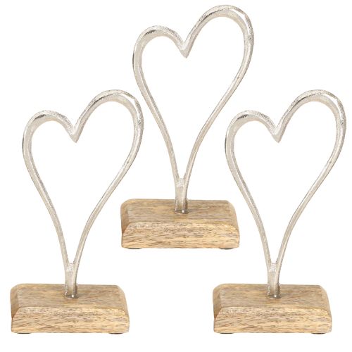 Artikel Hartdecoratie Metaal Houten Basis Natuurlijk Zilver H15.5cm 3 Stuks