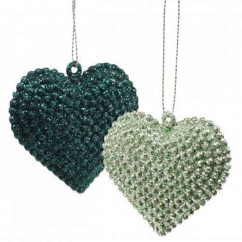 Floristik24 Glitter hartjes set om op te hangen smaragd, ijsblauw 6cm x 6.5cm 12st